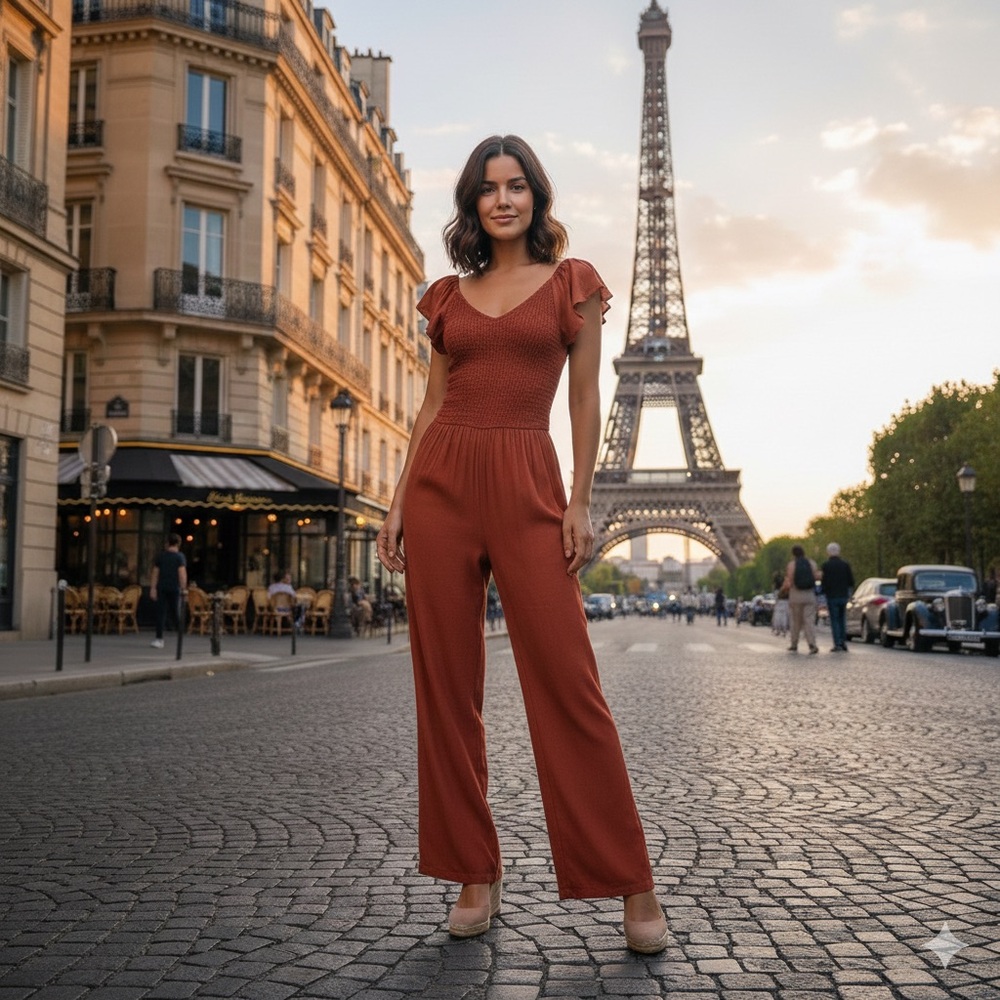 Jessica Simpson Rust Jumpsuit Flutter Sleeves Smocked M